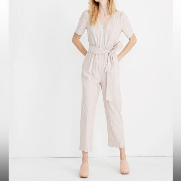 Madewell Striped Puff Sleeve Tapered Linen Jumpsuit Blue Horizon Marant Stripe - Picture 1 of 10